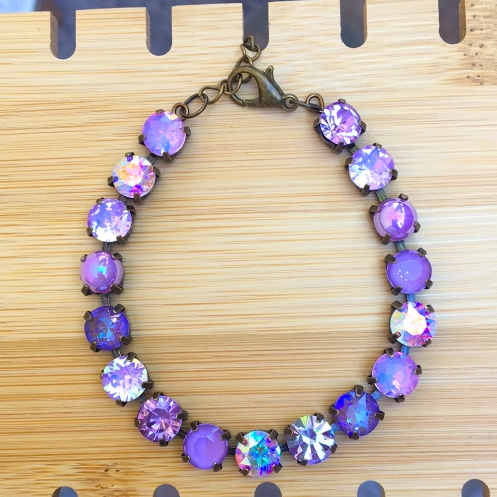 Amethyst, Violet, + iridescent Purple Opal Antique Brass Crystal Tennis Bracelet - Picture 10 of 17